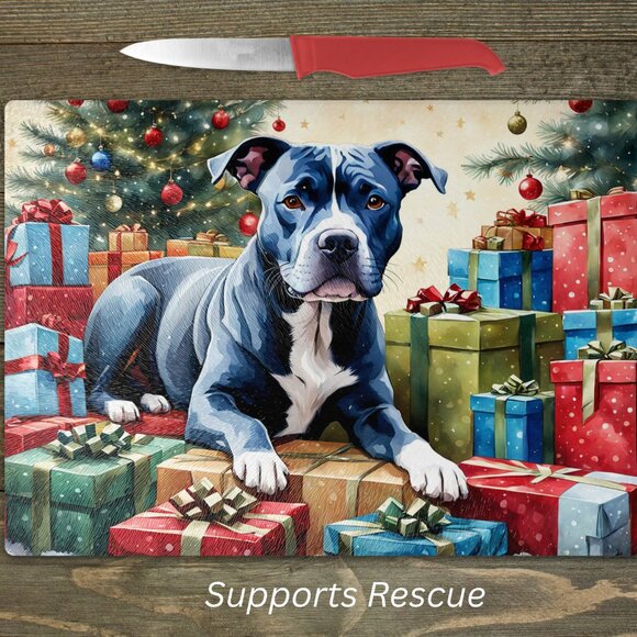 Christmas Pitbull Dog Kitchen Tempered Glass Cutting Board or Trivet - Picture 1 of 1